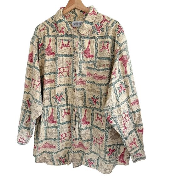 PACIFIC COVE RETRO FISH ELK CREAM RED WESTERN BUTTON UP SHIRT SIZE XXL - Picture 2 of 8